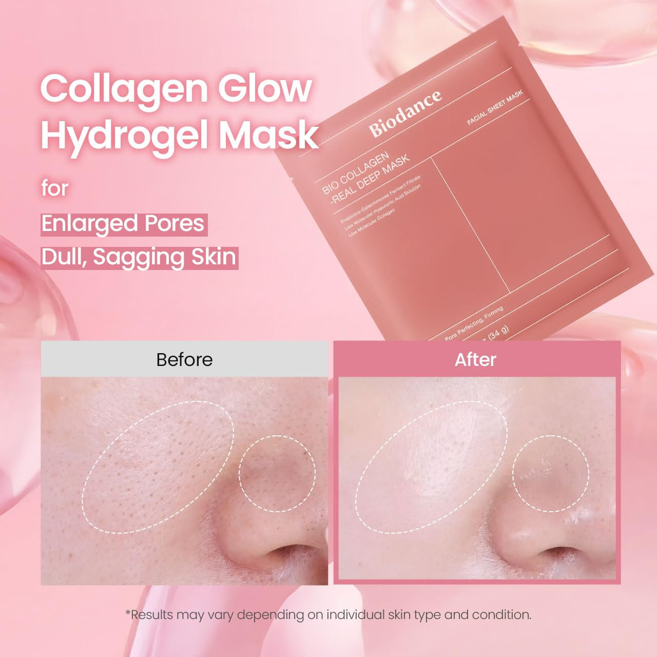 Bio-Collagen Real Deep Mask, Hydrating Overnight Hydrogel Mask, Pore Minimizing, Elasticity, Plumping Improvement, Korean Skin Care, Gifts for Women | 1.19Oz(34G) X 4Ea